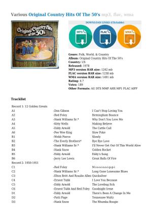 Various Original Country Hits of the 50'S Mp3, Flac, Wma