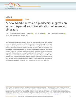 A New Middle Jurassic Diplodocoid Suggests an Earlier Dispersal and Diversiﬁcation of Sauropod Dinosaurs
