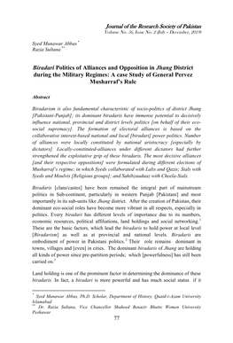 Biradari Politics of Alliances and Opposition in Jhang District During the Military Regimes: a Case Study of General Pervez Musharraf’S Rule