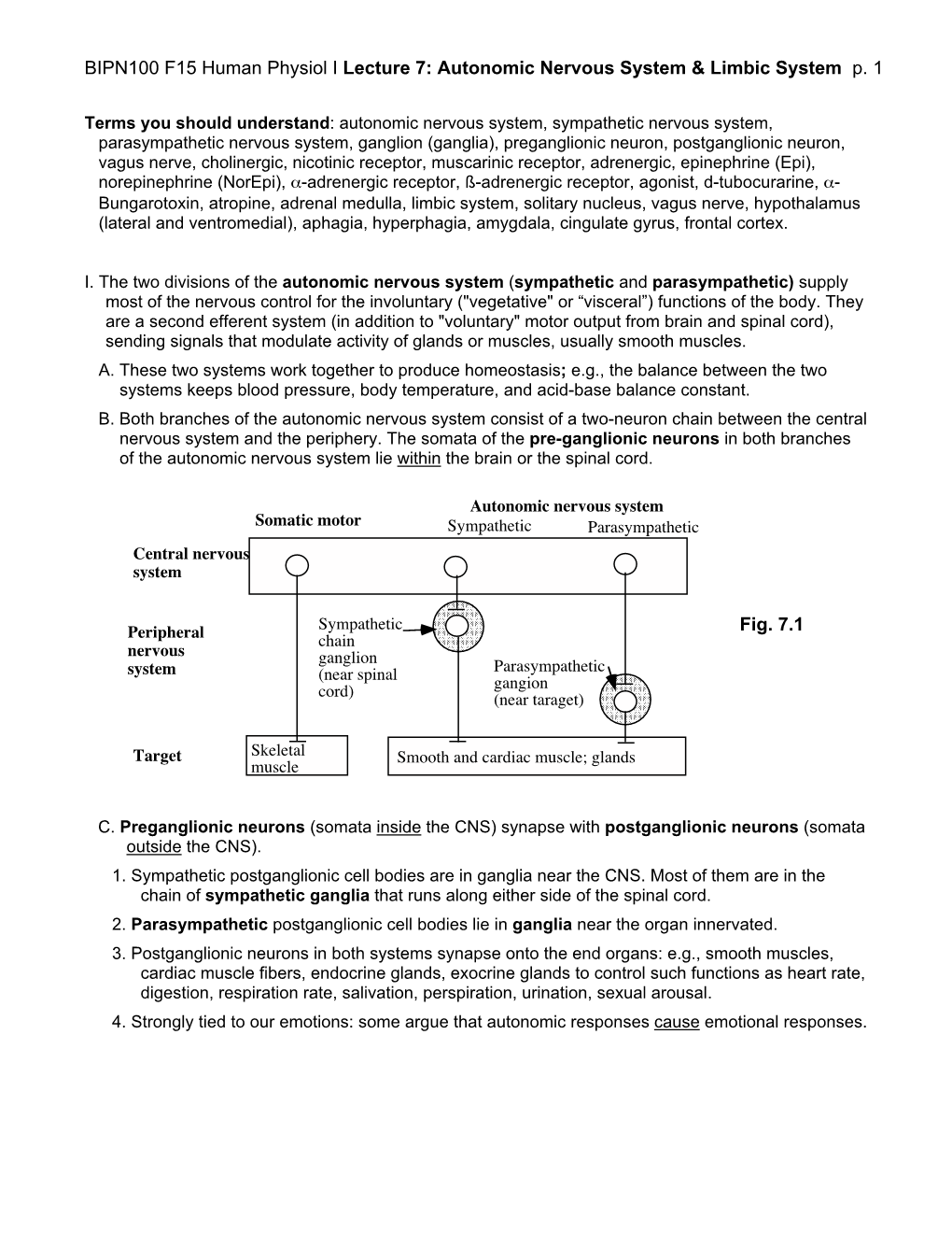 BIPN100 F15 Human Physiol I Lecture 7: Autonomic Nervous System & Limbic System P