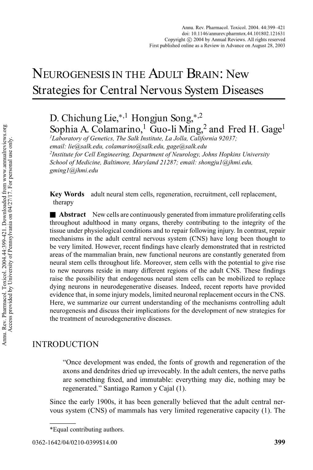 NEUROGENESIS in the ADULT BRAIN: New Strategies for Central Nervous System Diseases