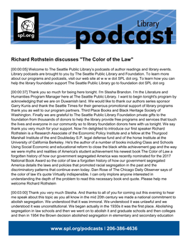 Richard Rothstein Discusses "The Color of the Law"