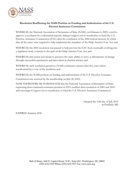 Resolution Reaffirming the NASS Position on Funding and Authorization of the U.S