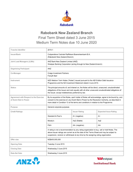 Rabobank New Zealand Branch Final Term Sheet Dated 3 June 2015 Medium Term Notes Due 10 June 2020