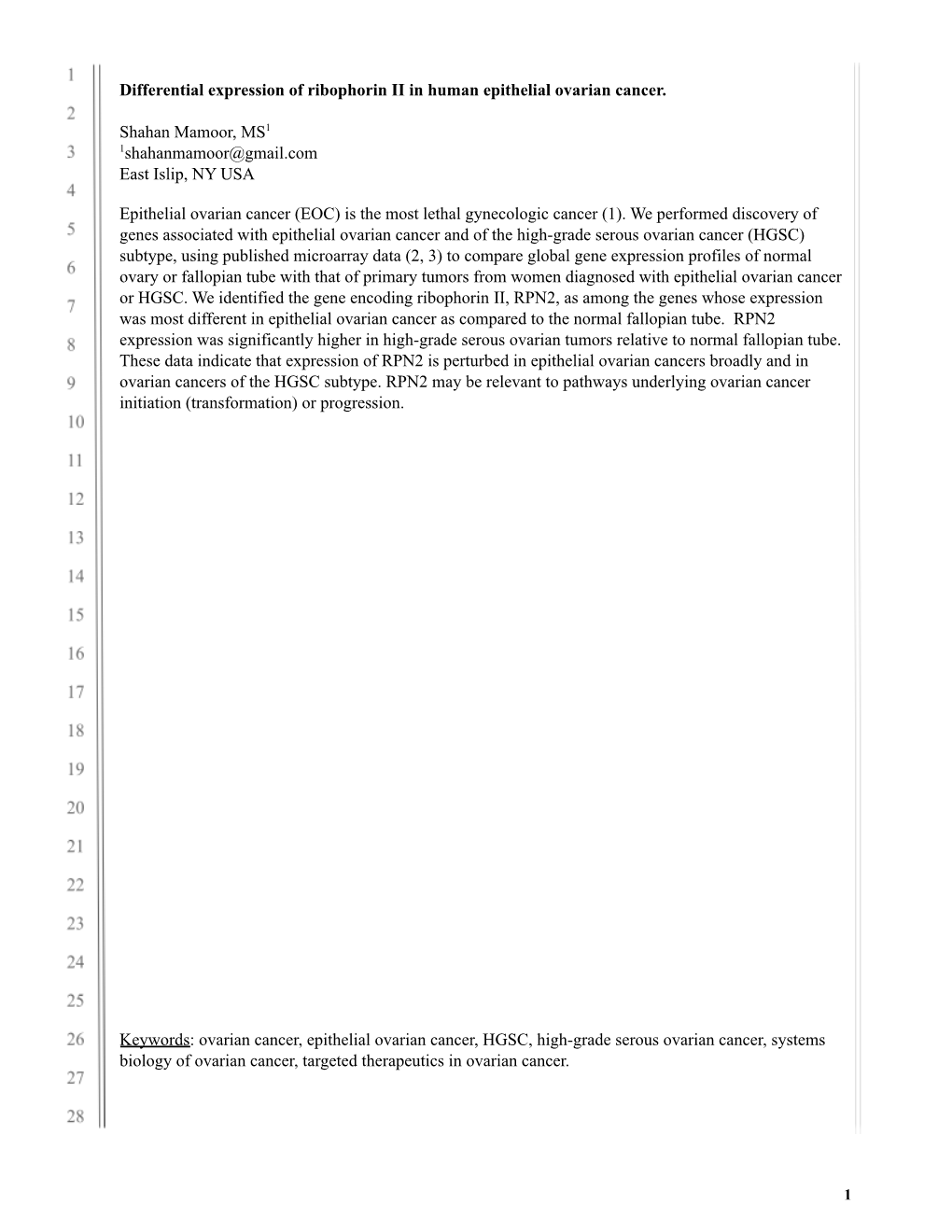 Differential Expression of RPN2 in Human Epithelial Ovarian