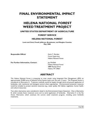 Final Environmental Impact Statement Helena National Forest Weed Treatment Project United States Department of Agriculture Forest Service Helena National Forest
