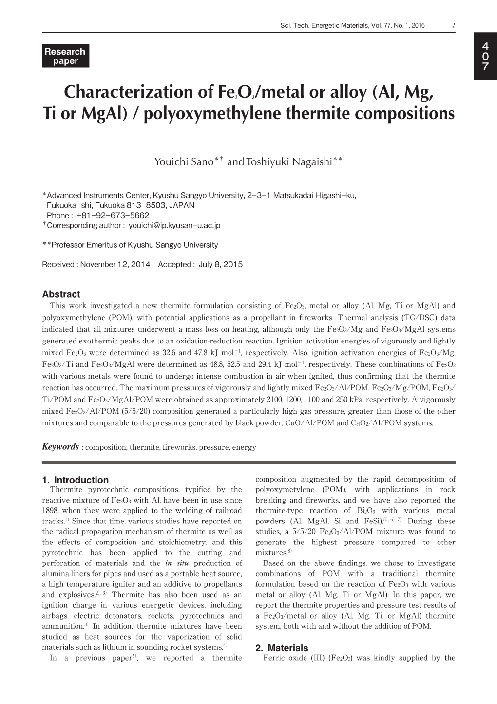 Characterization of Fe2o3/Metal Or Alloy (Al, Mg, Ti Or Mgal) / Polyoxymethylene Thermite Compositions