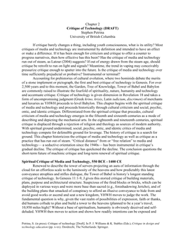 Critique of Technology (DRAFT) Stephen Petrina University of British Columbia
