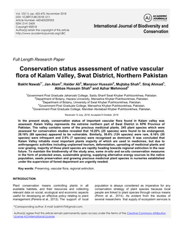 Conservation Status Assessment of Native Vascular Flora of Kalam Valley, Swat District, Northern Pakistan