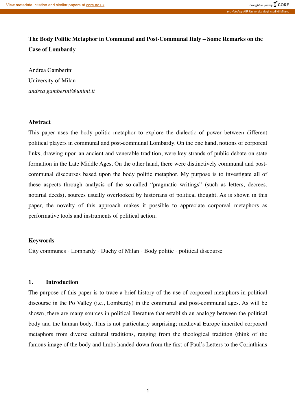 The Body Politic Metaphor in Communal and Post-Communal Italy – Some Remarks on the Case of Lombardy