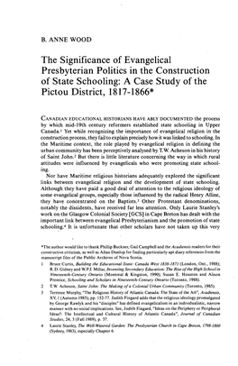 The Significance of Evangelical Presbyterian Politics in the Construction of State Schooling: a Case Study of the Pictou District, 1817-1866*