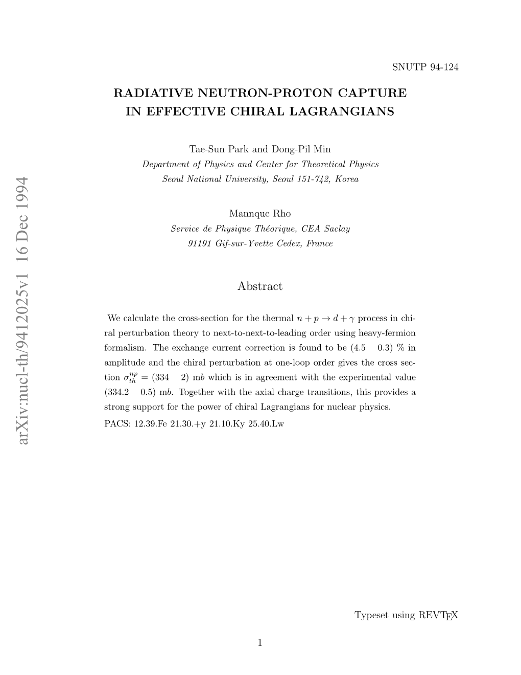 Arxiv:Nucl-Th/9412025V1 16 Dec 1994 Omls.Teecag Urn Orcini on Ob (4 Be to Found Is Correction Current Exchange the Order Formalism