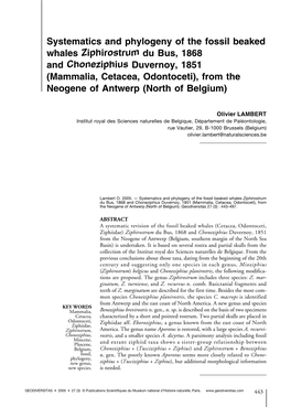 Systematics and Phylogeny of the Fossil Beaked Whales Ziphirostrum Du Bus, 1868 and Choneziphius Duvernoy, 1851 (Mammalia, Cetac