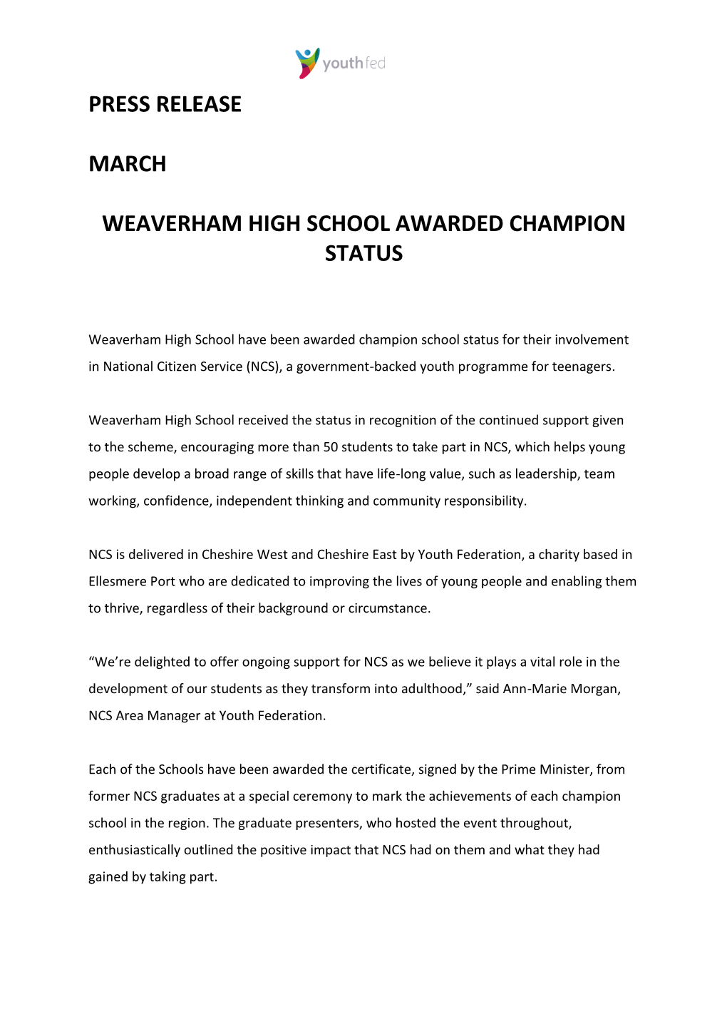 Press Release March Weaverham High School
