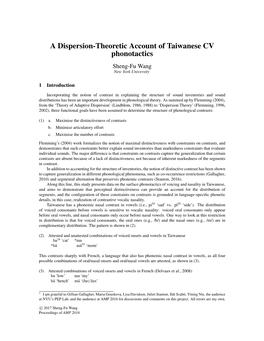 A Dispersion-Theoretic Account of Taiwanese CV Phonotactics Sheng-Fu Wang New York University