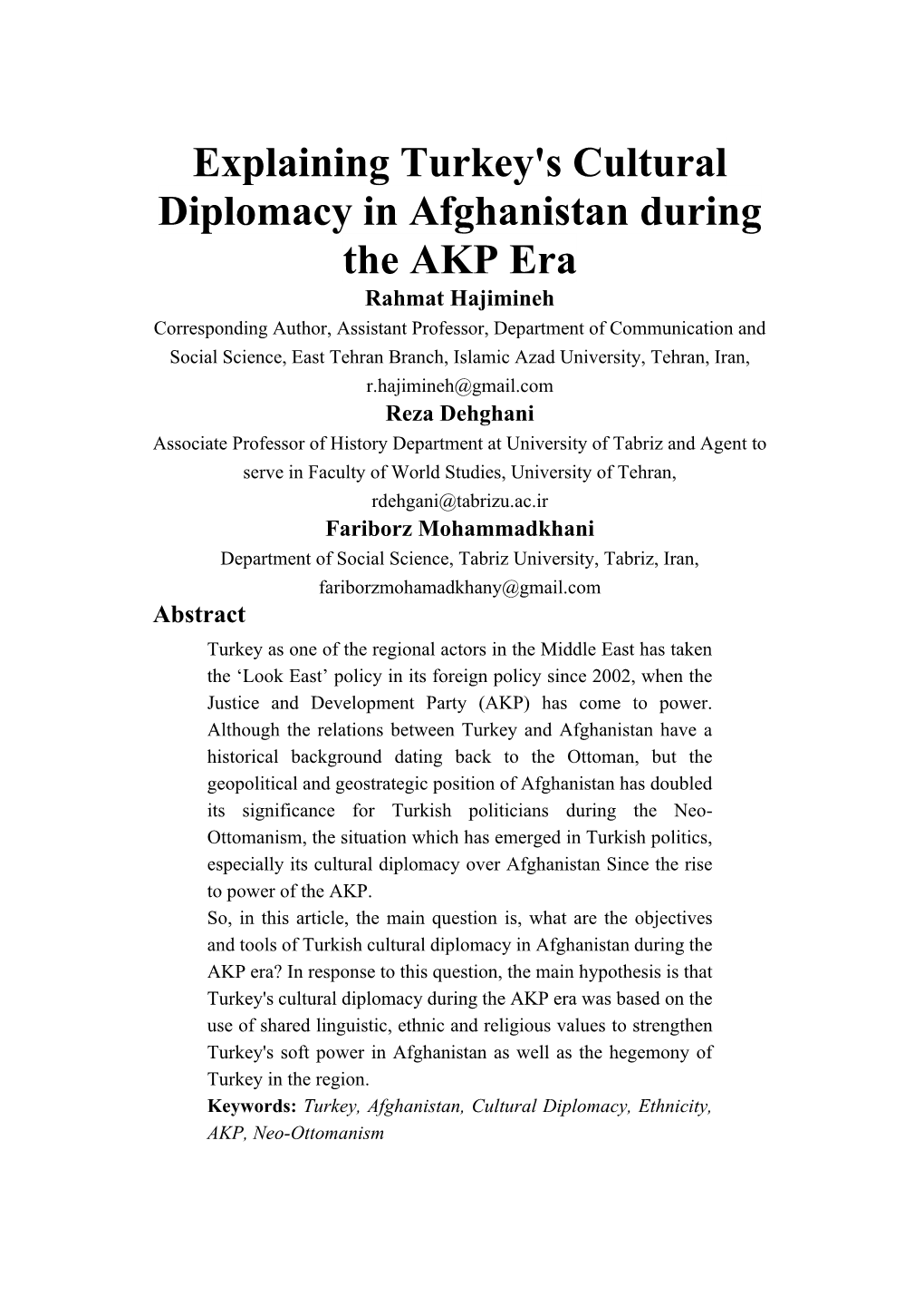 Turkey's Cultural Diplomacy in Afghanistan During the AKP