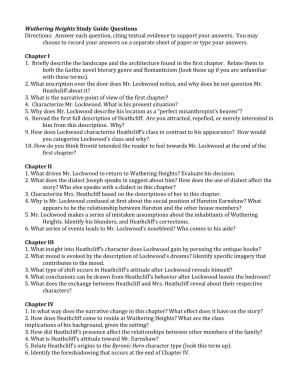Wuthering Heights Study Guide Questions Directions: Answer Each Question, Citing Textual Evidence to Support Your Answers