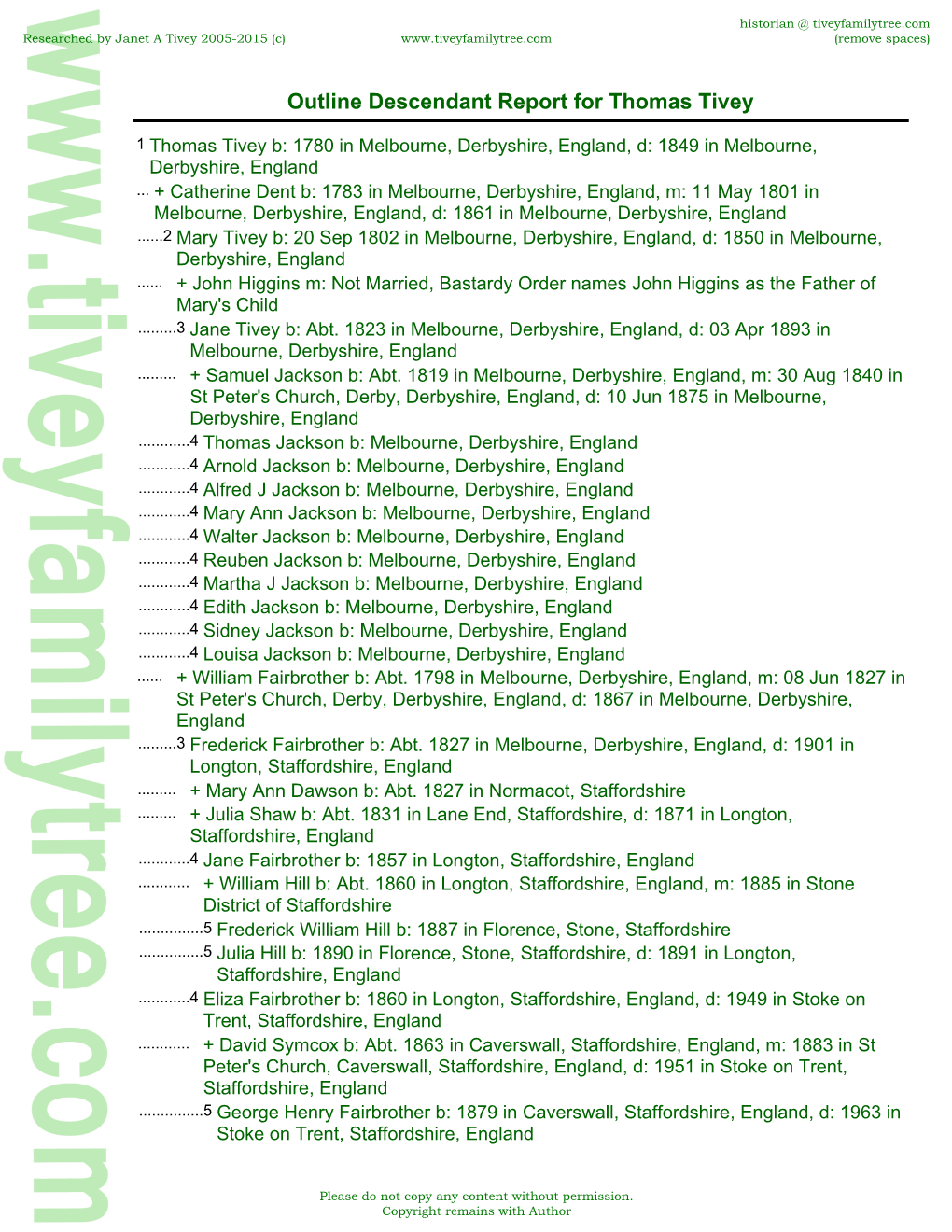 Outline Descendant Report for Thomas Tivey