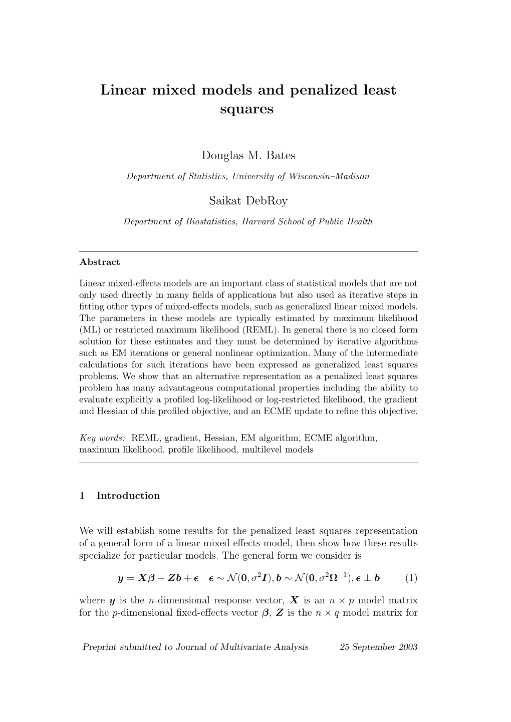 Linear Mixed Models and Penalized Least Squares