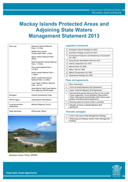 Mackay Islands Protected Areas and Adjoining State Waters Management Statement 2013