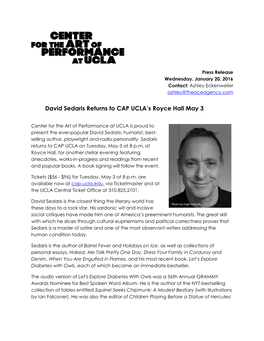 David Sedaris Returns to CAP UCLA's Royce Hall May 3