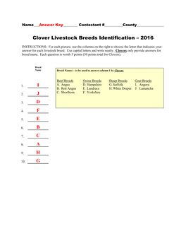 Clover Livestock Breeds Identification – 2016 I J D F E B C A