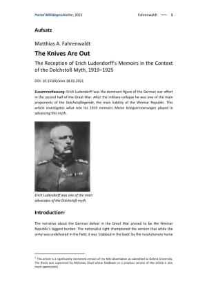 The Knives Are out the Reception of Erich Ludendorff’S Memoirs in the Context of the Dolchstoß Myth, 1919–1925