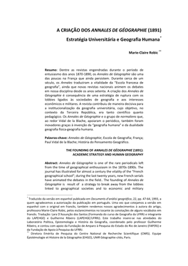 A CRIAÇÃO DOS ANNALES DE GÉOGRAPHIE (1891) Estratégia Universitária E Geografia Humana*