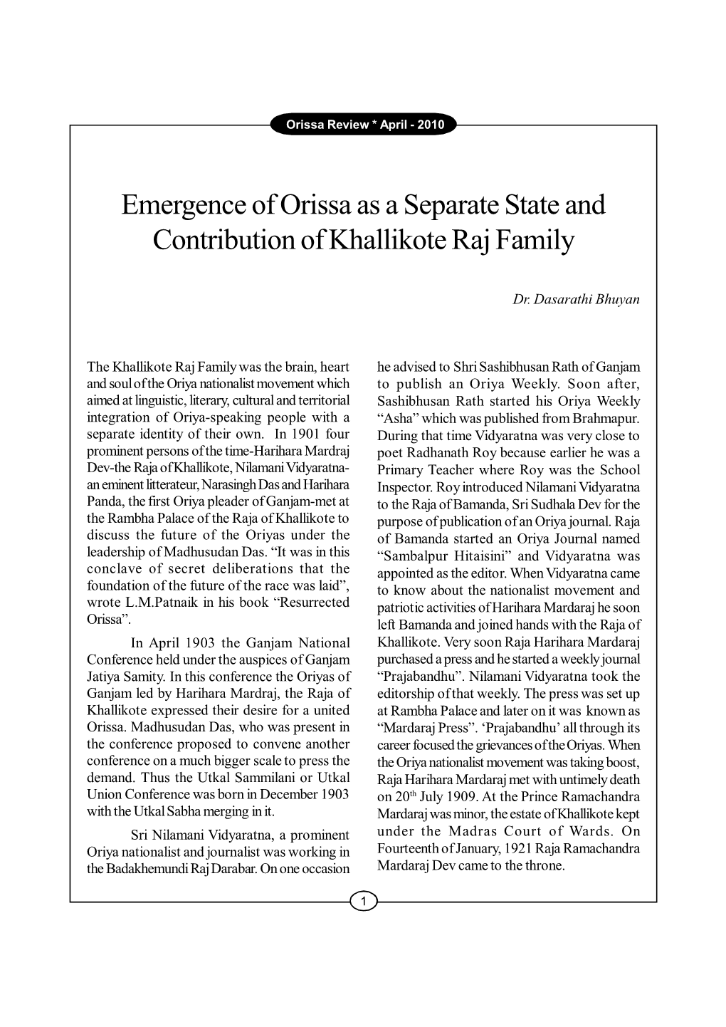 Emergence of Orissa As a Separate State and Contribution of Khallikote Raj Family