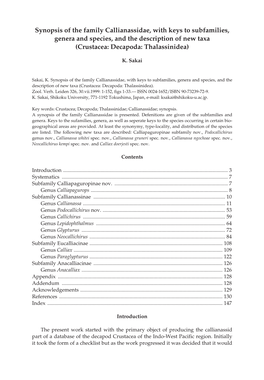 Synopsis of the Family Callianassidae, with Keys to Subfamilies, Genera and Species, and the Description of New Taxa (Crustacea: Decapoda: Thalassinidea)