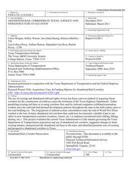 ABANDONED RAIL CORRIDORS in TEXAS: a POLICY and December 2010 INFRASTRUCTURE EVALUATION Published: March 2011