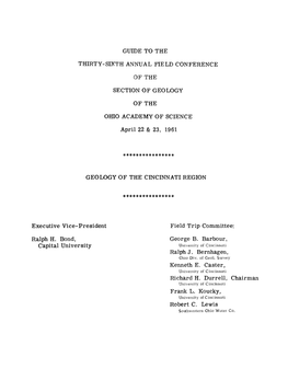 GUIDE to the THIRTY-SIXTH ANNUAL FIELD CONFERENCE of the SECTION of GEOLOGY of the OHIO ACADEMY of SCIENCE April 22 & 23, 1961