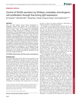 Control of Wnt5b Secretion by Wntless Modulates Chondrogenic Cell Proliferation Through Fine-Tuning Fgf3 Expression Bo-Tsung Wu1,2, Shih-Hsien Wen1,2, Sheng-Ping L
