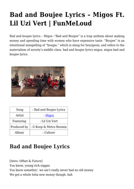 Bad and Boujee Lyrics &#8211; Migos Ft. Lil Uzi Vert