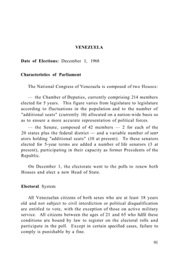 VENEZUELA Date of Elections: December 1, 1968 Characteristics