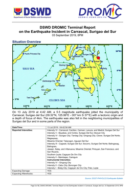 DSWD DROMIC Terminal Report on the Earthquake Incident in Carrascal, Surigao Del Sur 03 September 2019, 8PM