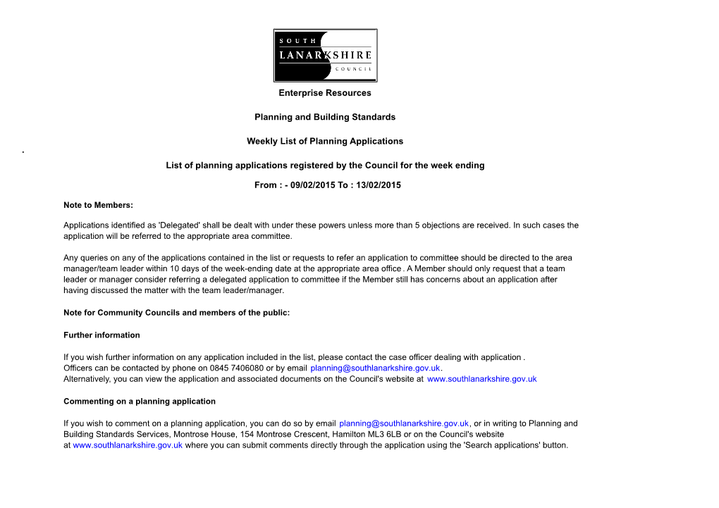13/02/2015 Enterprise Resources Planning and Building Standards Weekly List of Planning Applications Li