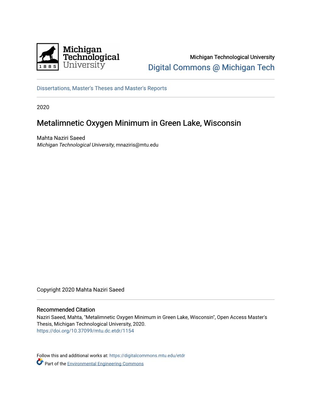 Metalimnetic Oxygen Minimum in Green Lake, Wisconsin