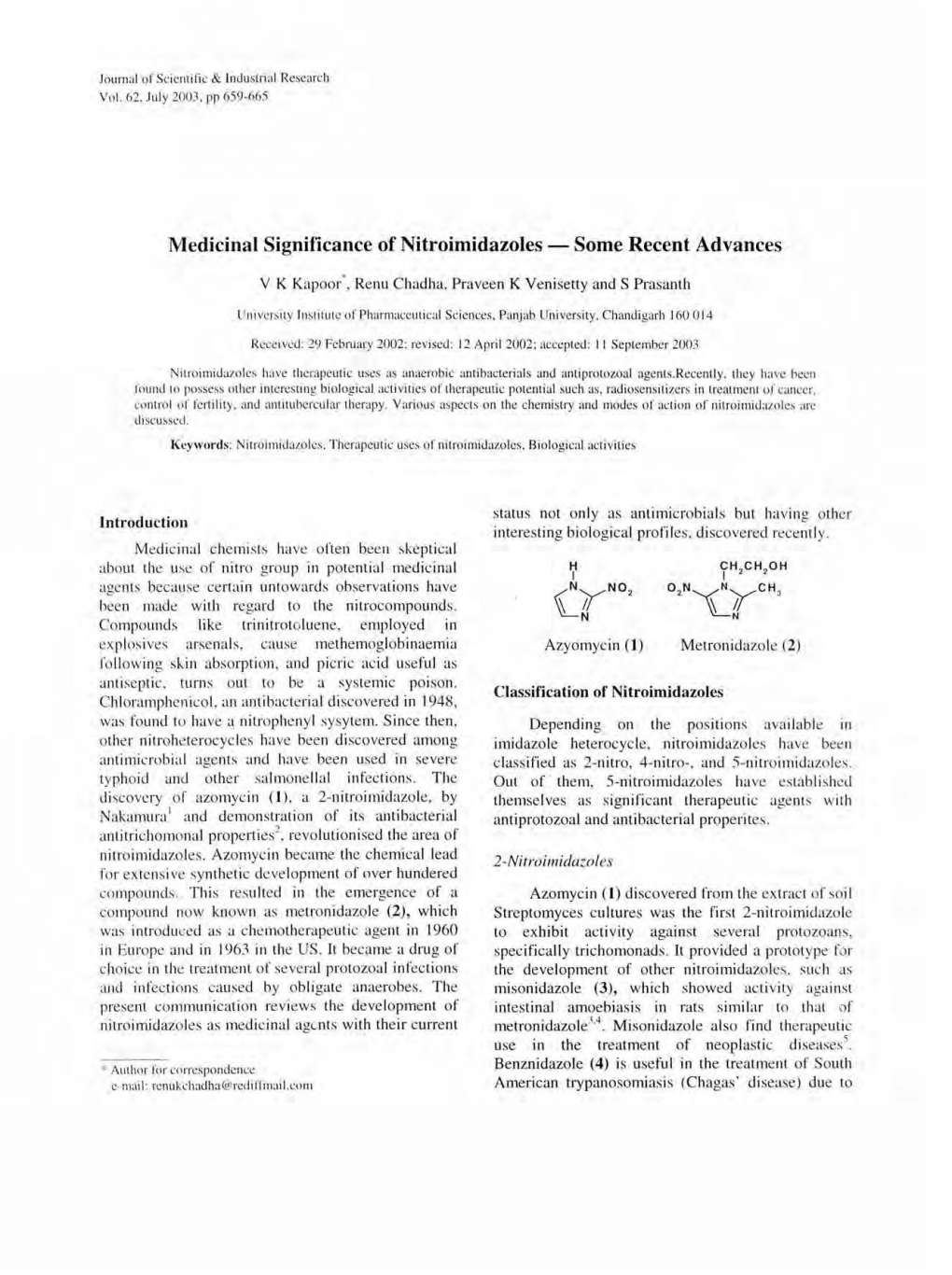 Medicinal Significance of Nitroimidazoles - Some Recent Advances