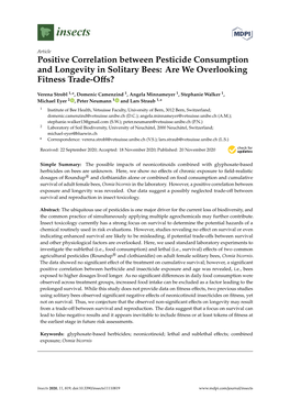 Positive Correlation Between Pesticide Consumption and Longevity in Solitary Bees: Are We Overlooking Fitness Trade-Oﬀs?