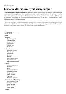 Mathematical Symbols by Subject