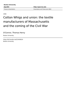 Cotton Whigs and Union: the Textile Manufacturers of Massachusetts and the Coming of the Civil