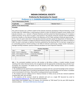 INDIAN CHEMICAL SOCIETY Proforma for Nomination for Award Professor A