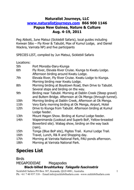 SPECIES LIST, Compiled by Jun Matsui, Sicklebill Safaris