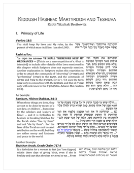 KIDDUSH HASHEM: MARTYRDOM and TESHUVA Rabbi Yitzchak Breitowitz