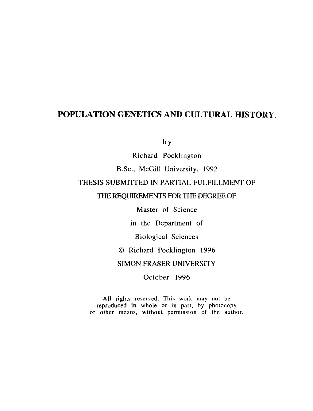 Population Genetics and Cultural History