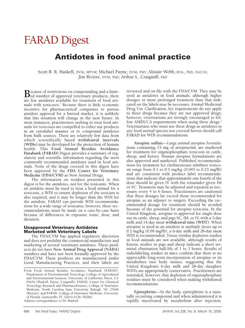 Antidotes in Food Animal Practice