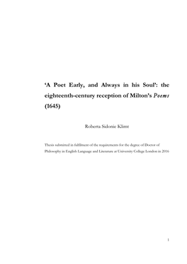 The Eighteenth-Century Reception of Milton's Poems