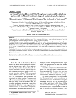 Original Article Larvicidal Activity of Essential Oil of Syzygium Aromaticum (Clove) in Com- Parison with Its Major Constituent, Eugenol, Against Anopheles Stephensi