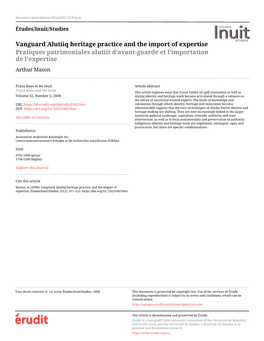 Vanguard Alutiiq Heritage Practice and the Import of Expertise Pratiques Patrimoniales Alutiit D’Avant-Guarde Et L’Importation De L’Expertise Arthur Mason